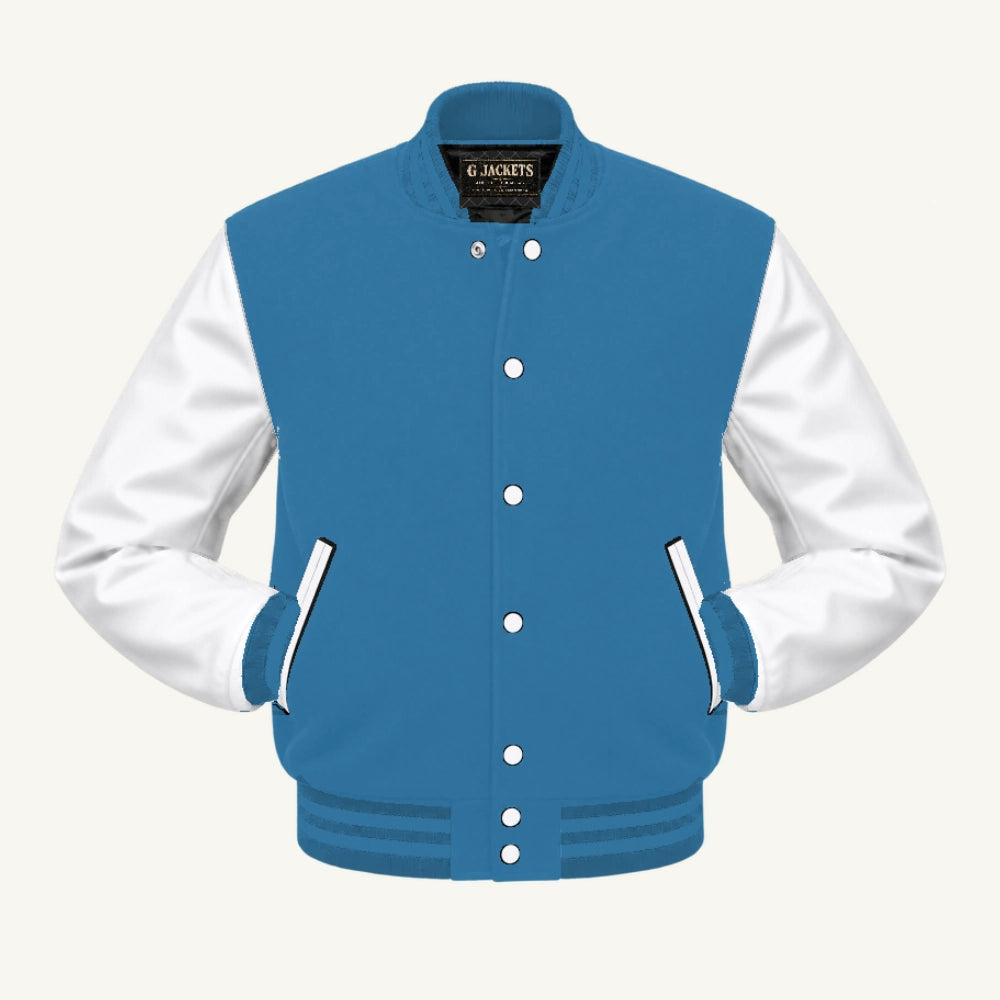 G Jackets Fleece & Genuine Leather Varsity Jacket, Light Blue/White - Columbia Blue Trim, front view