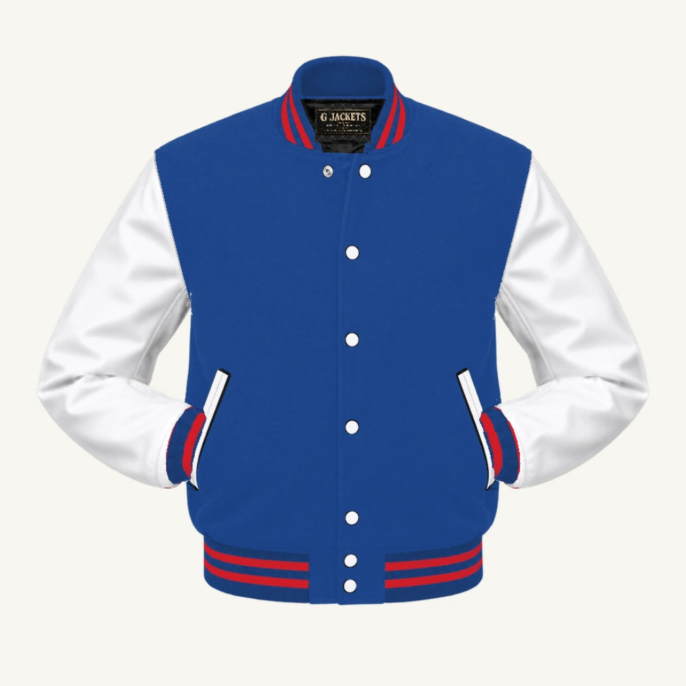 G Jackets Fleece & Genuine Leather Varsity Jacket, Royal Blue/White - Red Trim, front view