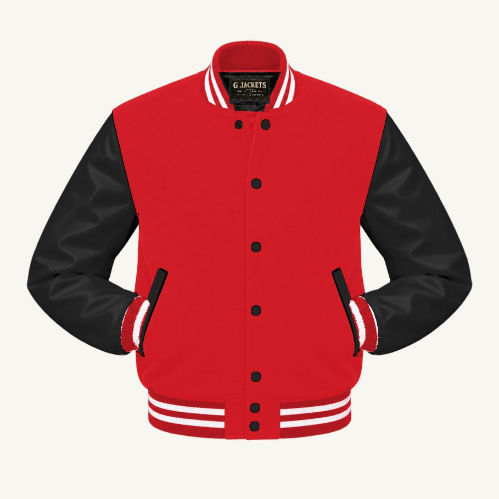 G Jackets Fleece & Genuine Leather Varsity Jacket, Red/Black - White Trim, front view