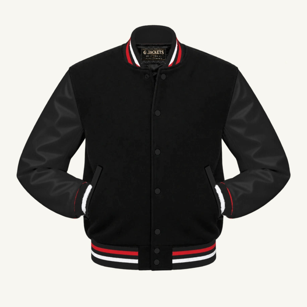 G Jackets Fleece & Genuine Leather Varsity Jacket, Black/Black - Red/White Trim, front view