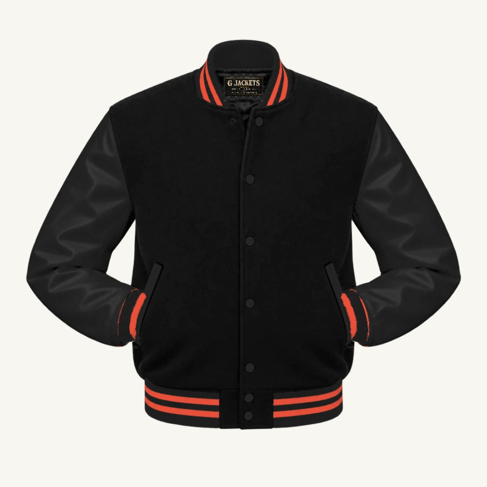 G Jackets Fleece & Genuine Leather Varsity Jacket, Black/Black - Orange Trim, front view