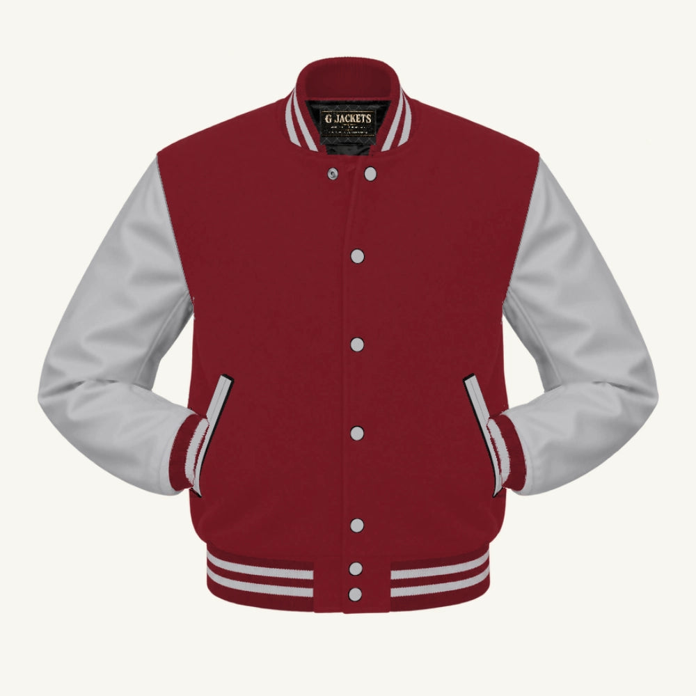 G Jackets Fleece & Genuine Leather Varsity Jacket, Cardinal/Grey, front view