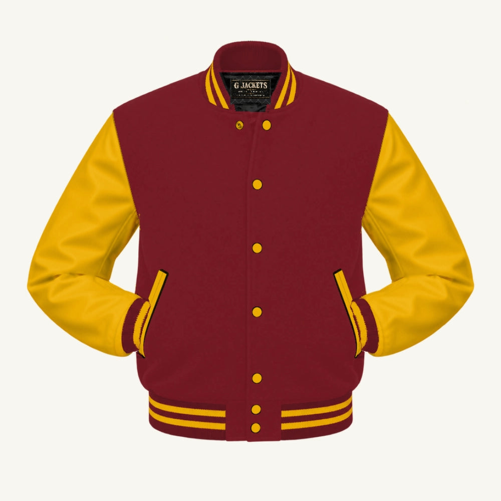 G Jackets Fleece & Genuine Leather Varsity Jacket, Cardinal/Gold, front view