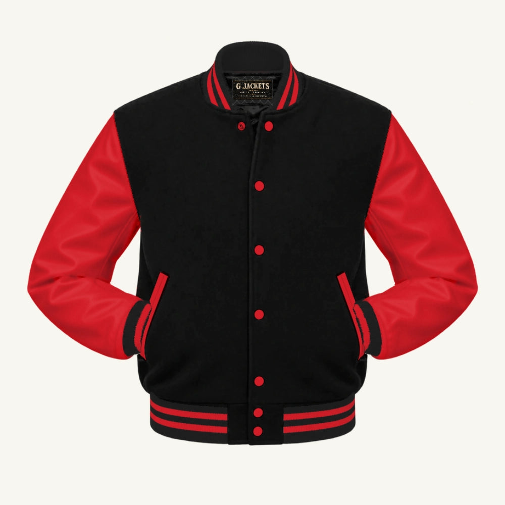 G Jackets Fleece & Genuine Leather Varsity Jacket, Black/Red, front view