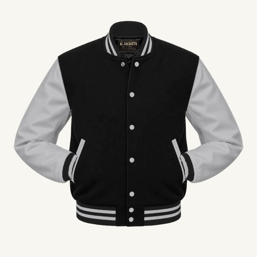 G Jackets Fleece & Genuine Leather Varsity Jacket, Black/Grey, front view