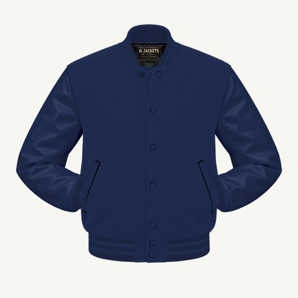 G Jackets Fleece & Genuine Leather Varsity Jacket, Solid Navy, front view
