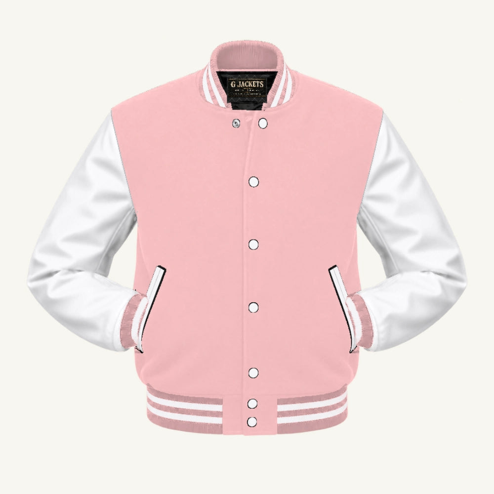 G Jackets Fleece & Genuine Leather Varsity Jacket, Pink/White, front view
