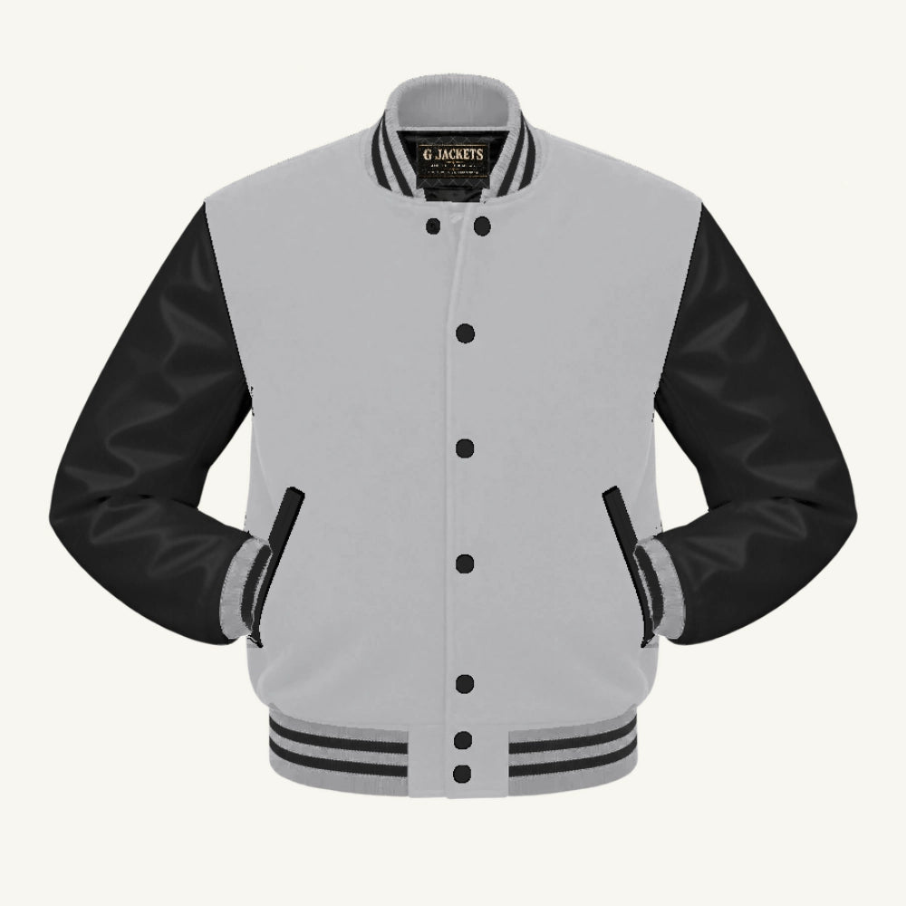 G Jackets Fleece & Genuine Leather Varsity Jacket, Grey/Black, front view