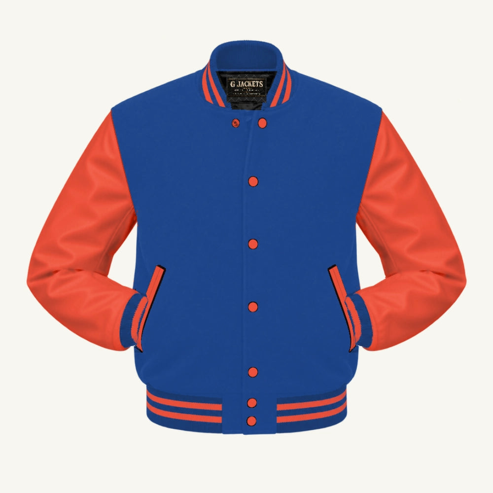 G Jackets Fleece & Genuine Leather Varsity Jacket, Royal Blue/Orange, front view