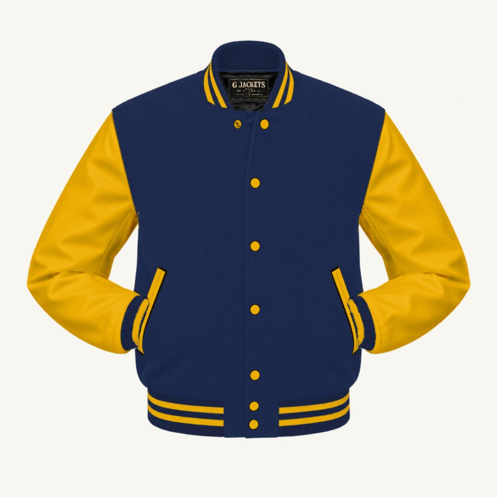 G Jackets Fleece & Genuine Leather Varsity Jacket, Navy Blue/Gold, front view