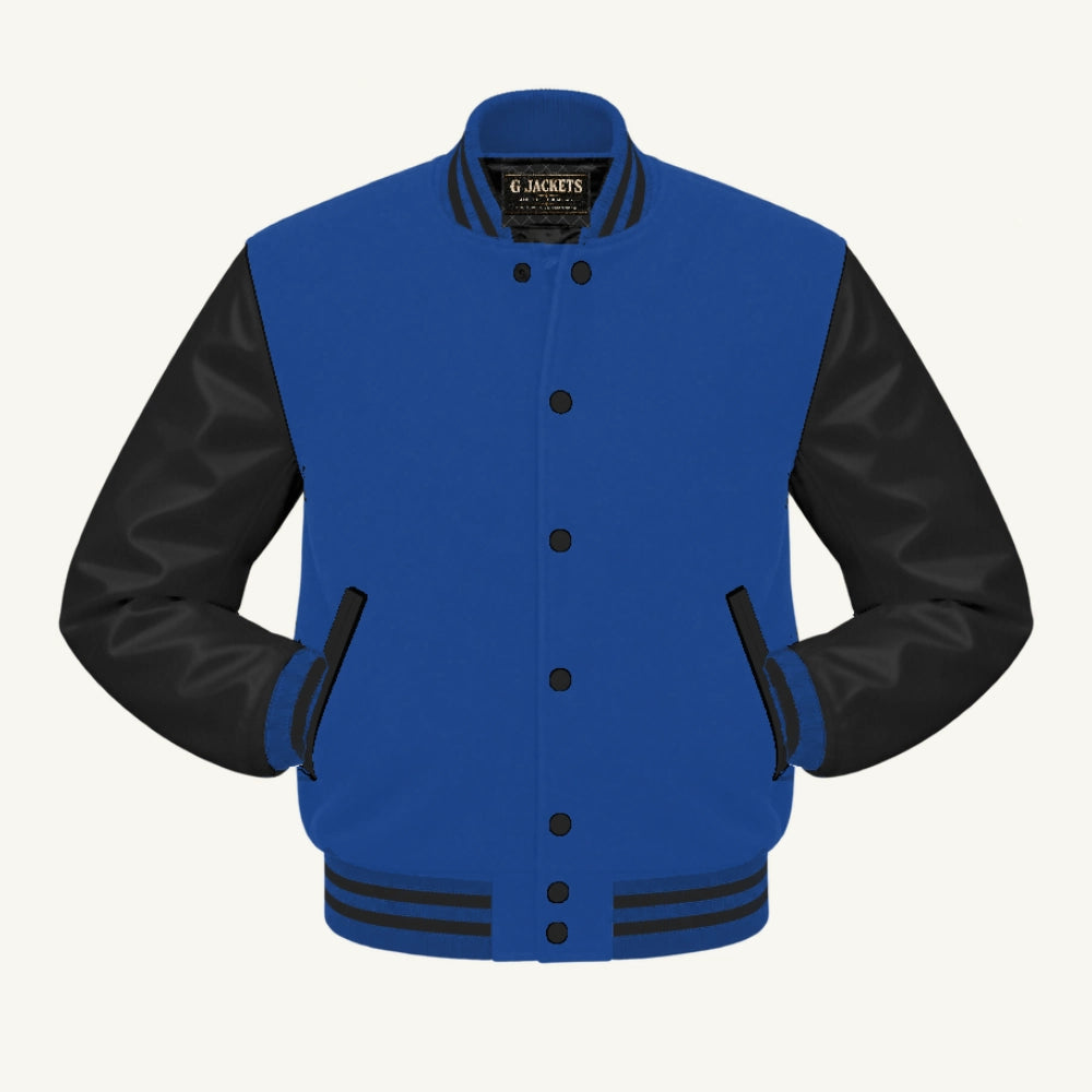 G Jackets Fleece & Genuine Leather Varsity Jacket, Royal Blue/Black, front view