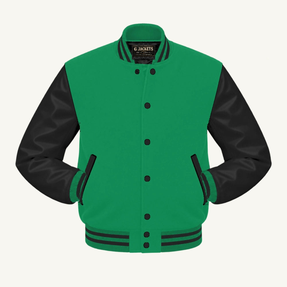 G Jackets Fleece & Genuine Leather Varsity Jacket, Kelly Green/Black, front view