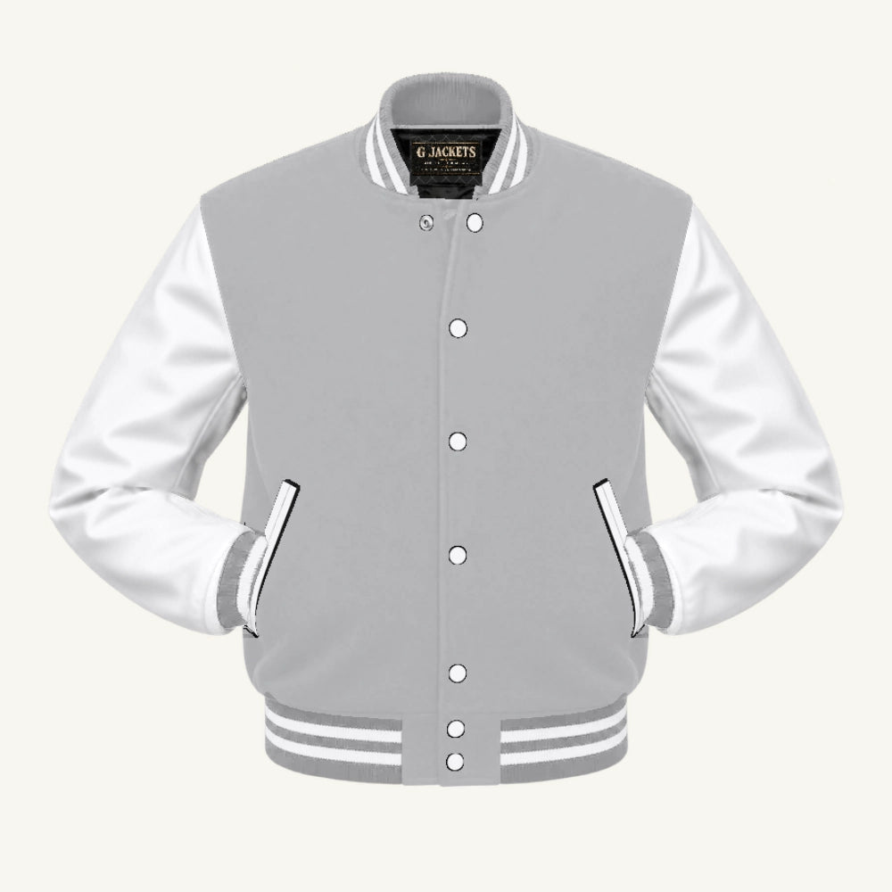 G Jackets Fleece & Genuine Leather Varsity Jacket, Grey/White, front view