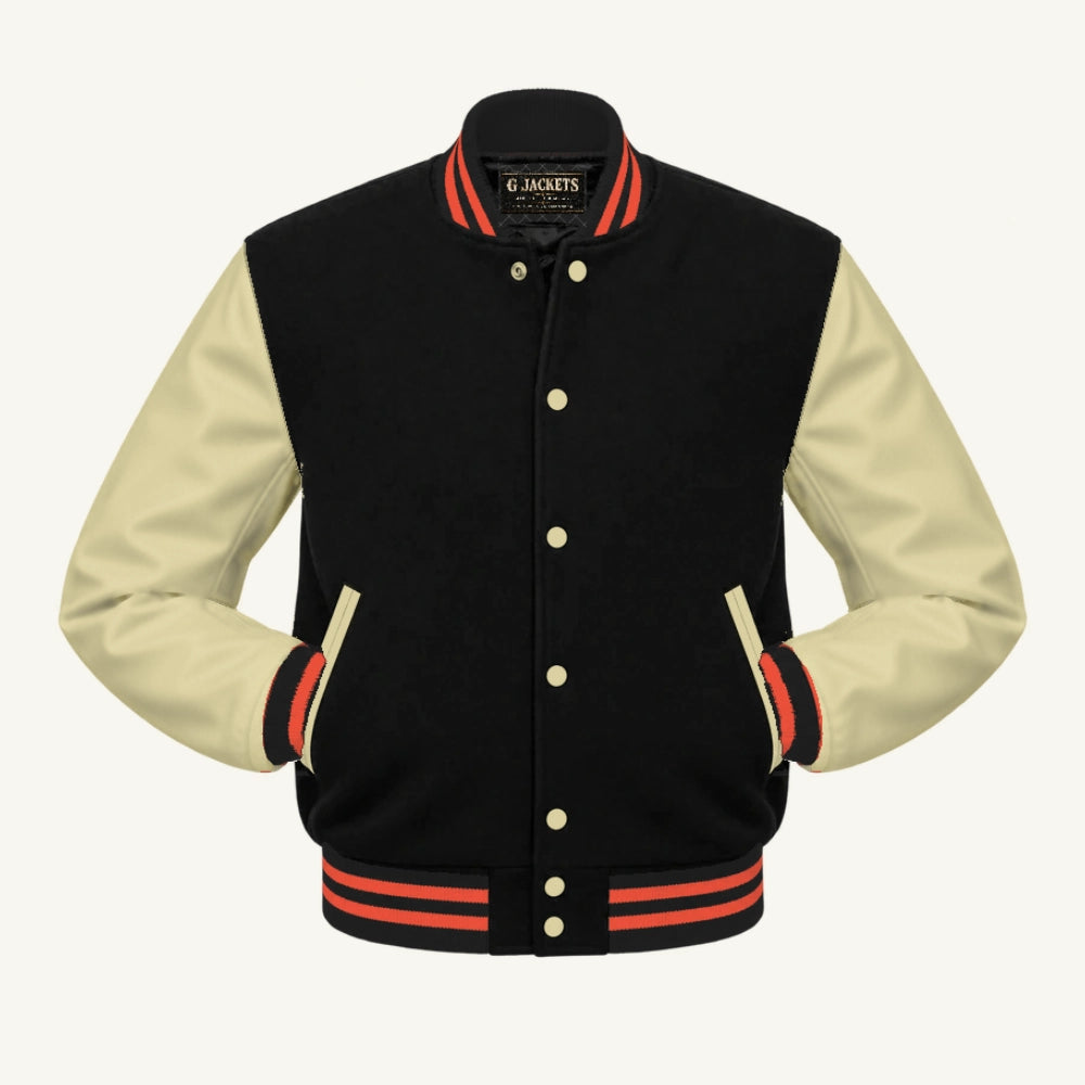 G Jackets Fleece & Genuine Leather Varsity Jacket, Black/Natural - Orange Trim, front view