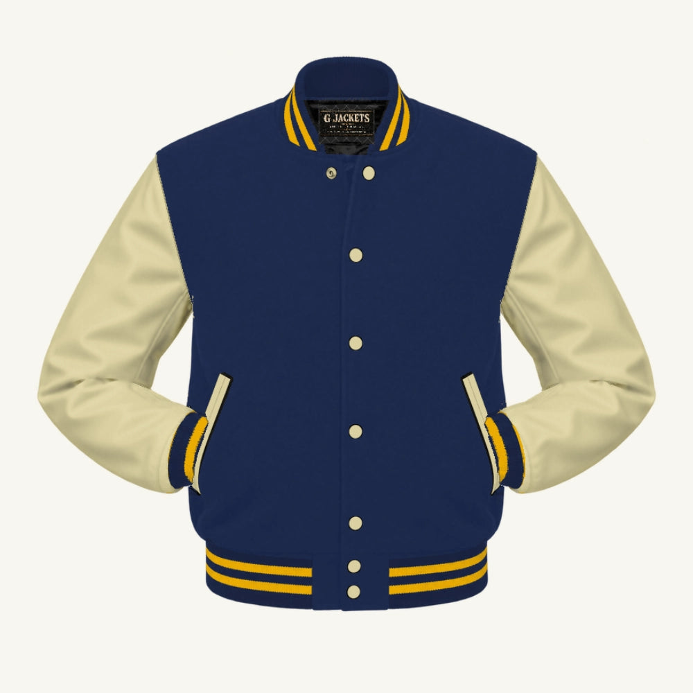 G Jackets Fleece & Genuine Leather Varsity Jacket, Navy Blue/Natural - Gold Trim, front view