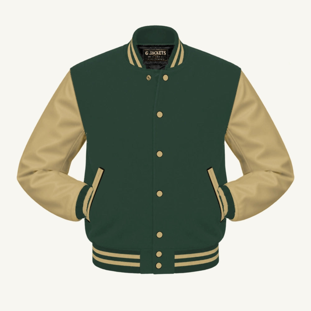 G Jackets Fleece & Genuine Leather Varsity Jacket, Forest Green/Tan, front view