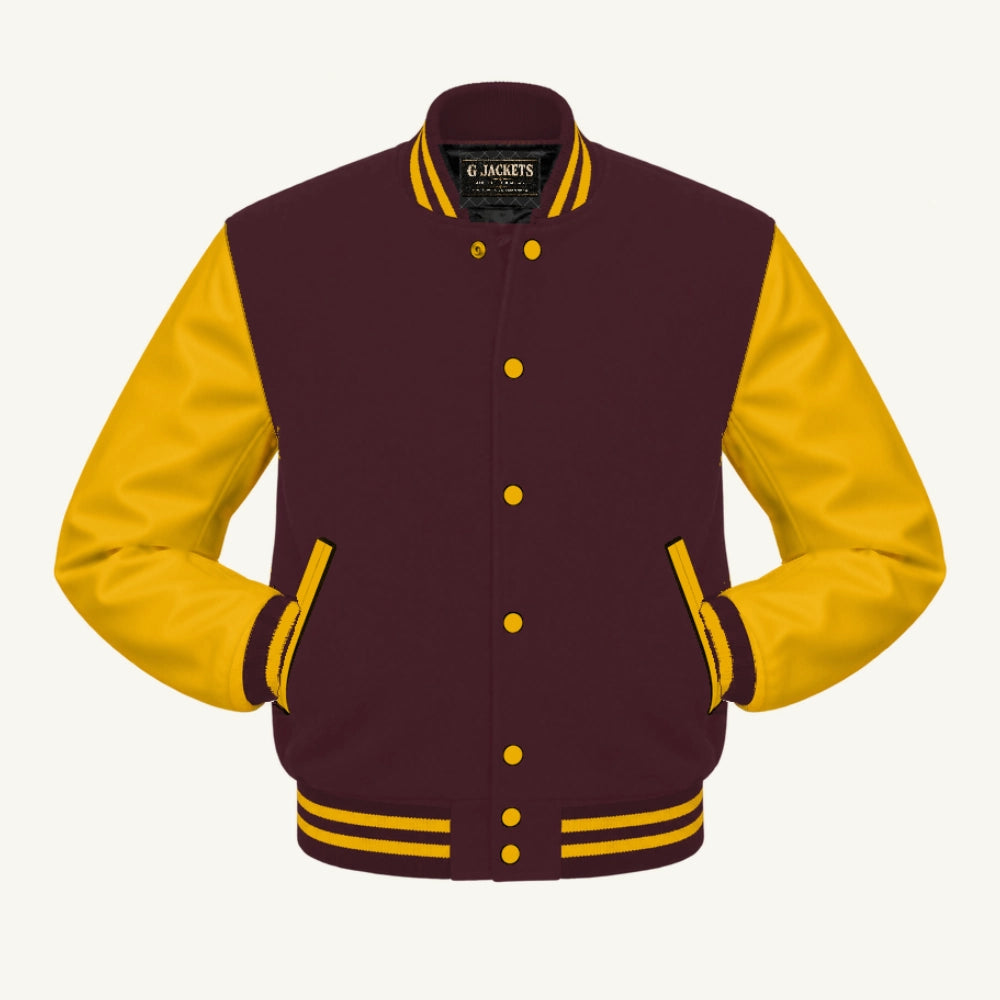 G Jackets Fleece & Genuine Leather Varsity Jacket, Maroon/Gold, front view