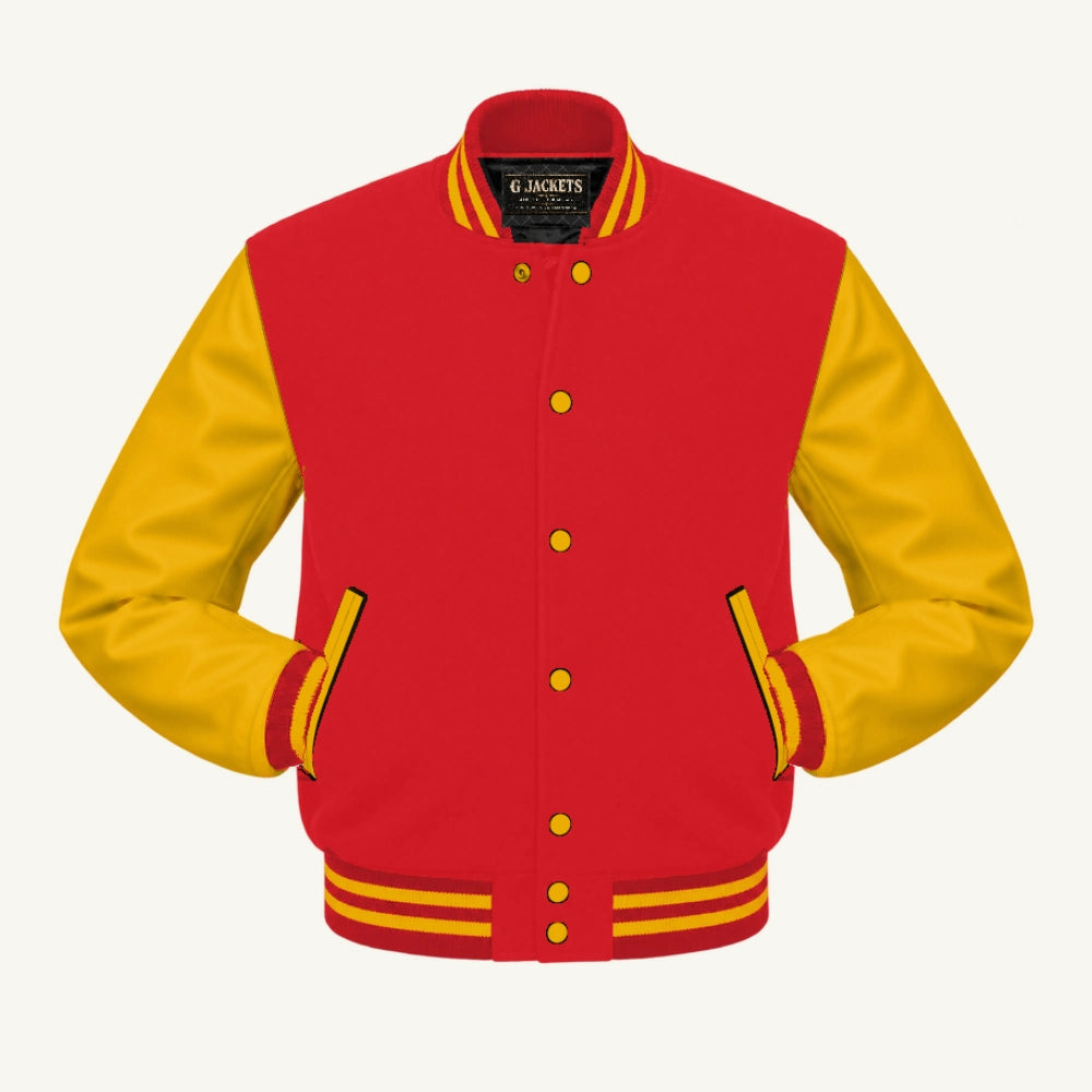 G Jackets Fleece & Genuine Leather Varsity Jacket, Red/Gold, front view