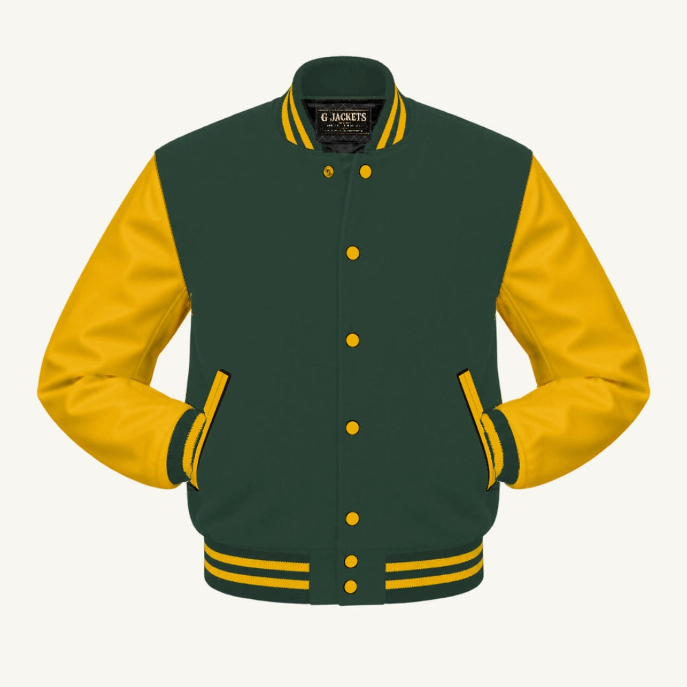 G Jackets Fleece & Genuine Leather Varsity Jacket, Forest Green/Gold, front view