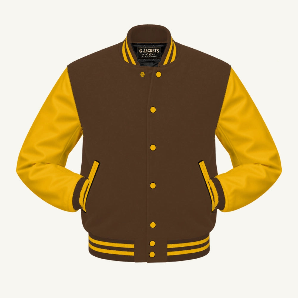 G Jackets Fleece & Genuine Leather Varsity Jacket, Brown/Gold, front view