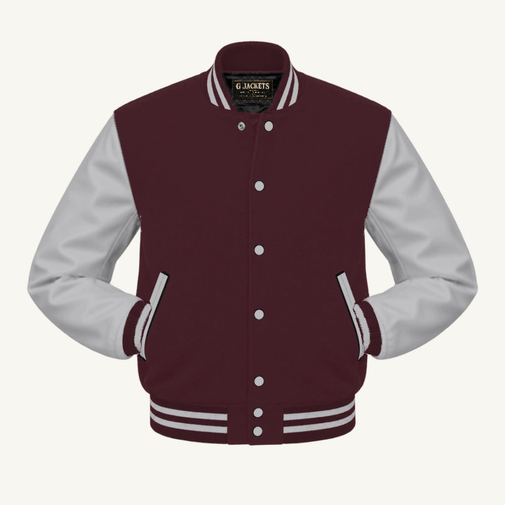G Jackets Fleece & Genuine Leather Varsity Jacket, Maroon/Grey, front view