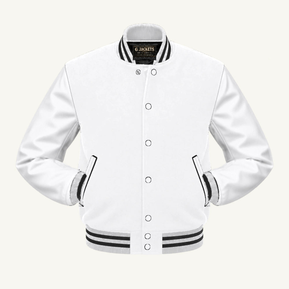 G Jackets Fleece & Genuine Leather Varsity Jacket, White/White - Black Trim, front view