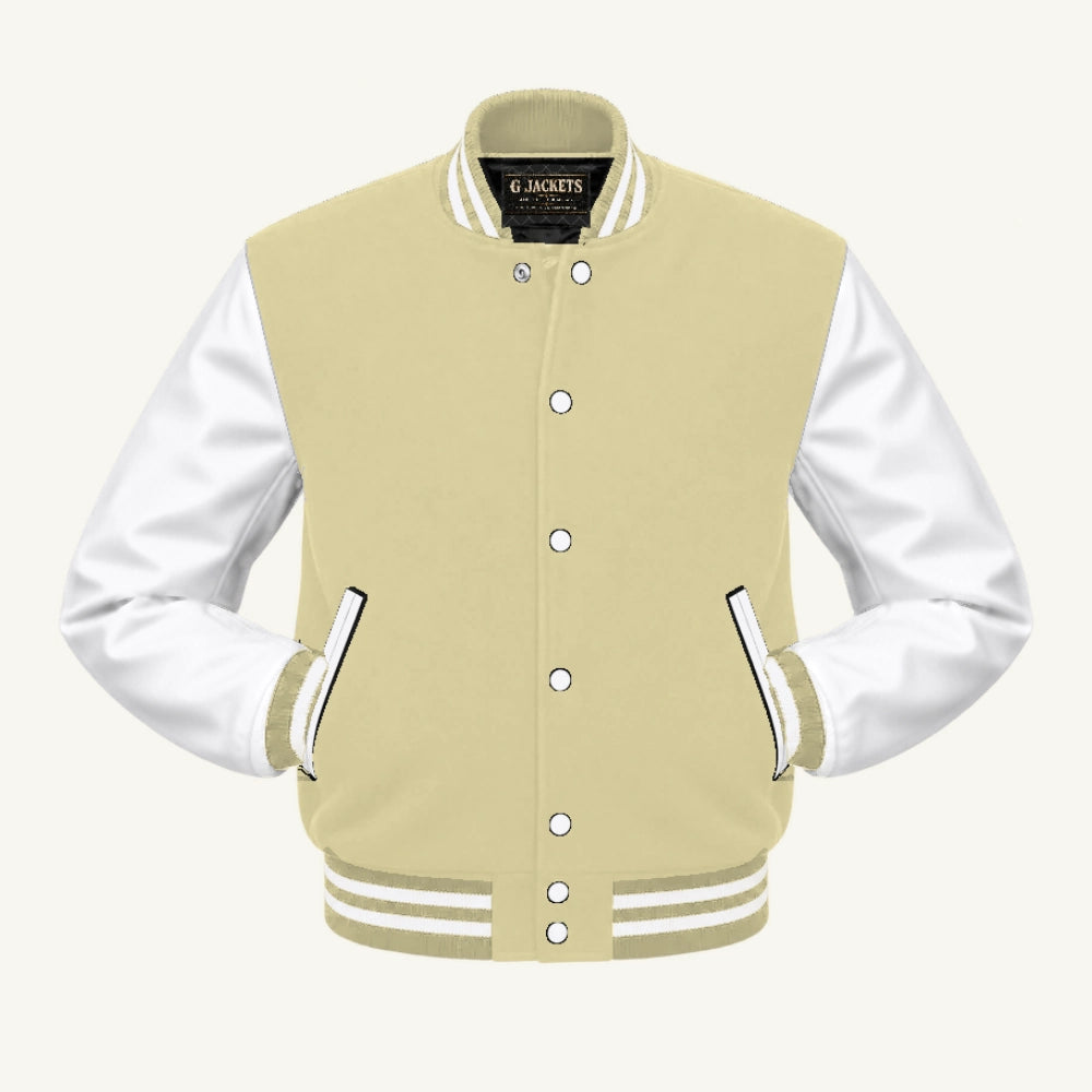 G Jackets Fleece & Genuine Leather Varsity Jacket, Cream Natural/White, front view