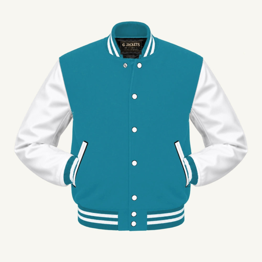 G Jackets Fleece & Genuine Leather Varsity Jacket, Teal Blue/White, front view