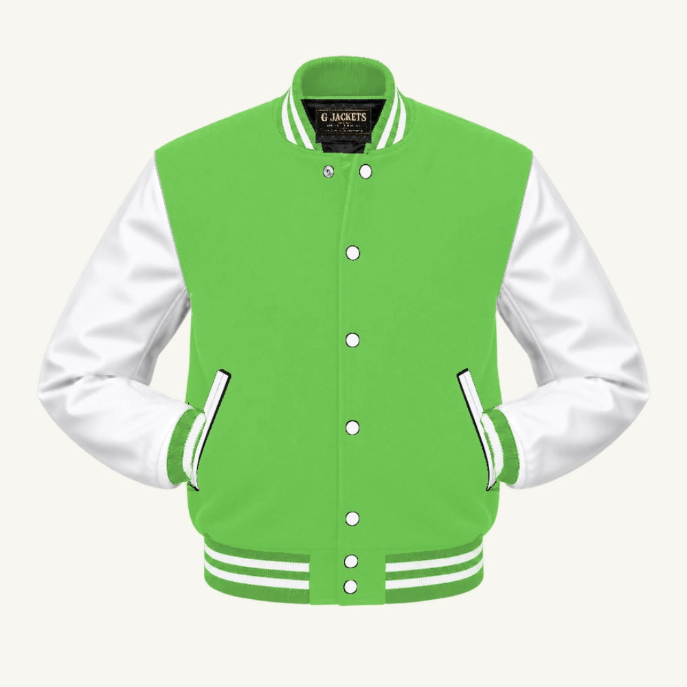 G Jackets Fleece & Genuine Leather Varsity Jacket, Lime Green/White, front view