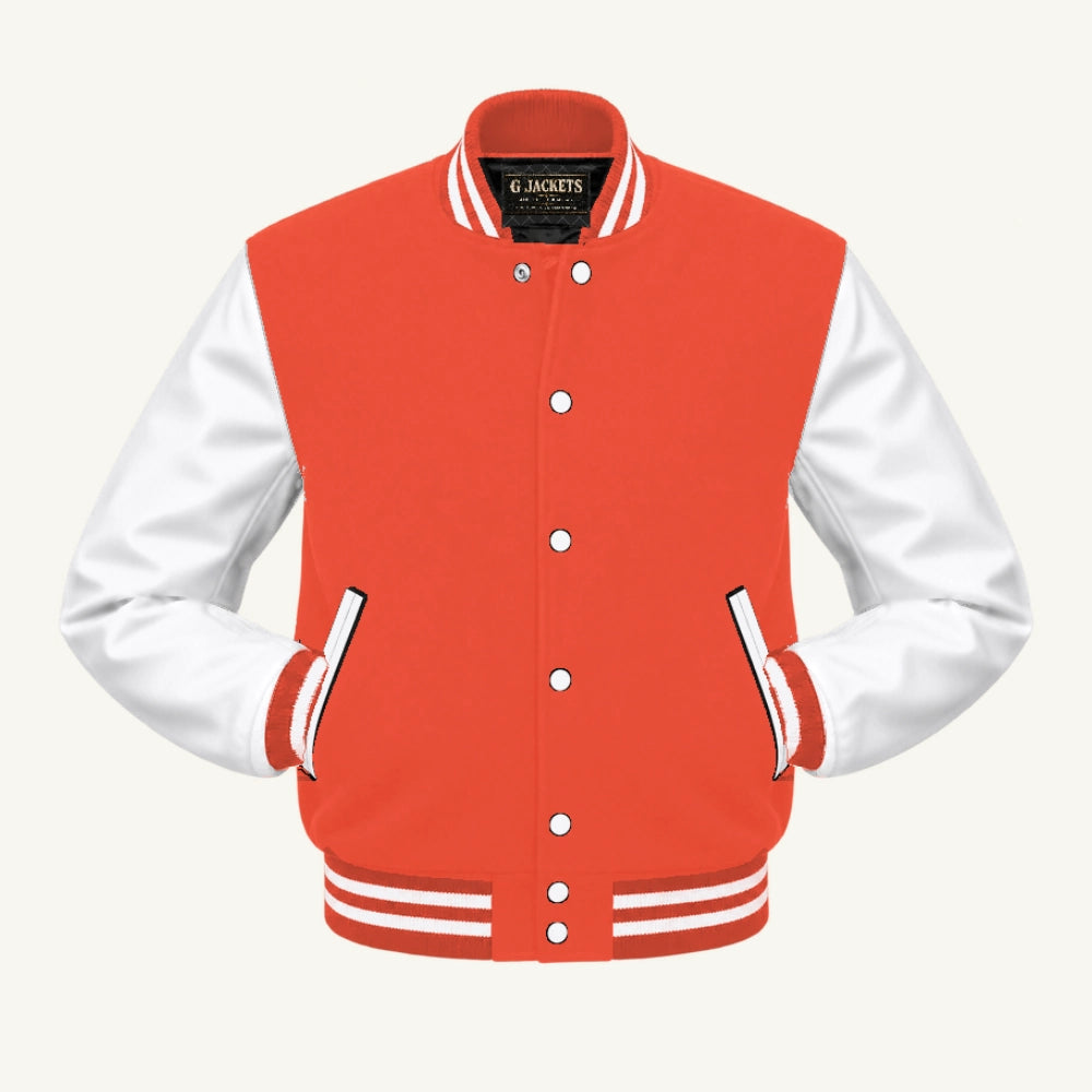 G Jackets Fleece & Genuine Leather Varsity Jacket, Orange/White, front view