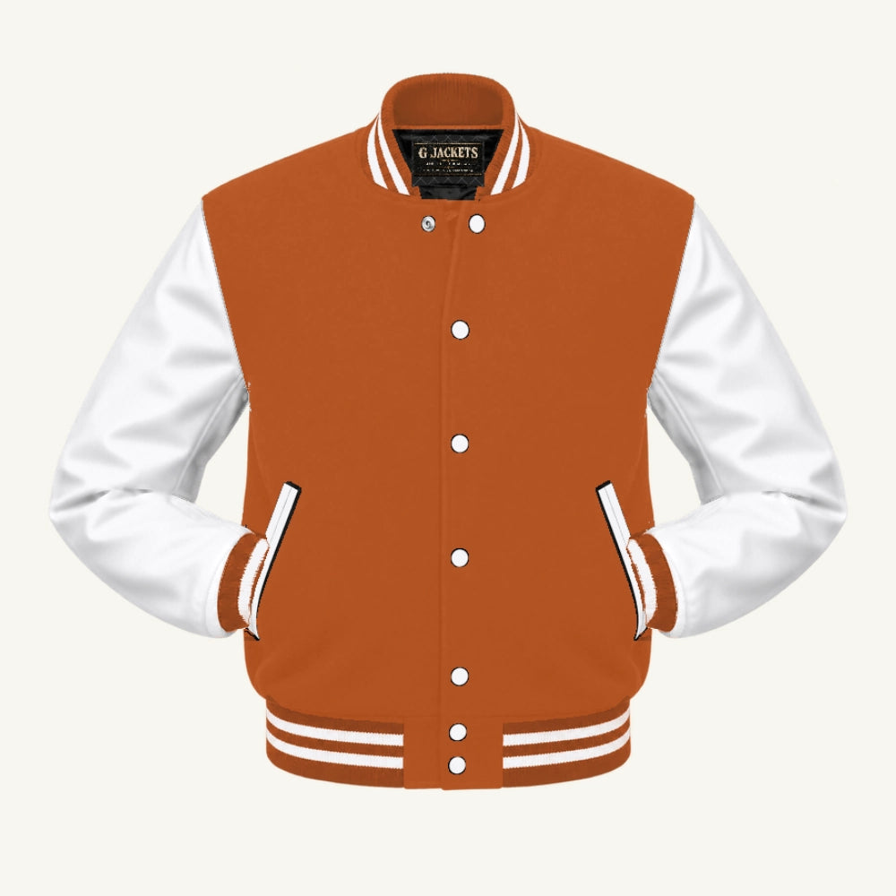 G Jackets Fleece & Genuine Leather Varsity Jacket, Texas Orange/White, front view