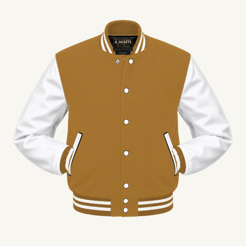 G Jackets Fleece & Genuine Leather Varsity Jacket, Old Gold/White, front view