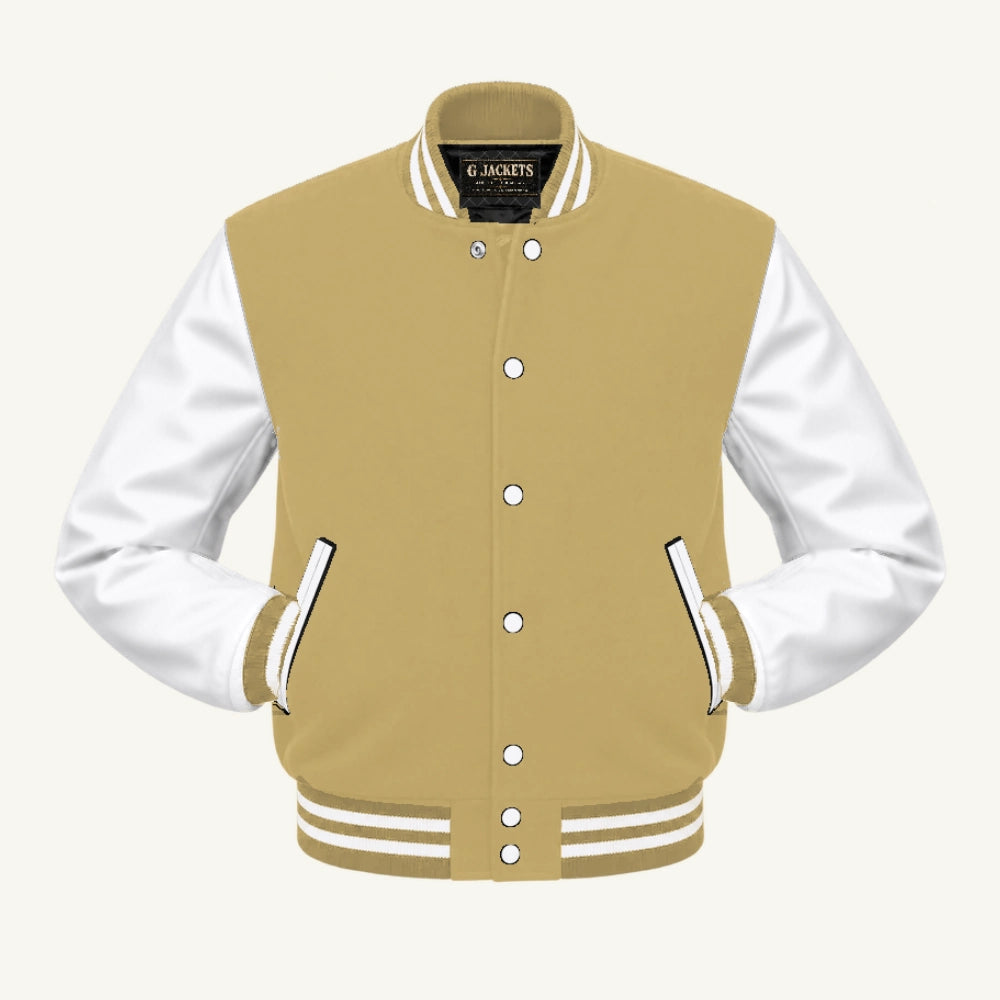 G Jackets Fleece & Genuine Leather Varsity Jacket, Vegas Gold/White, front view