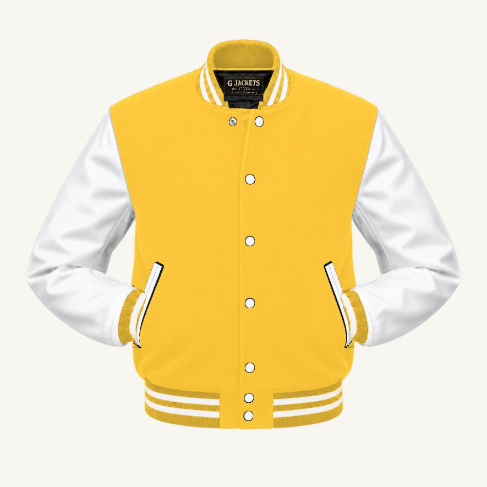 G Jackets Fleece & Genuine Leather Varsity Jacket, Yellow/White, front view
