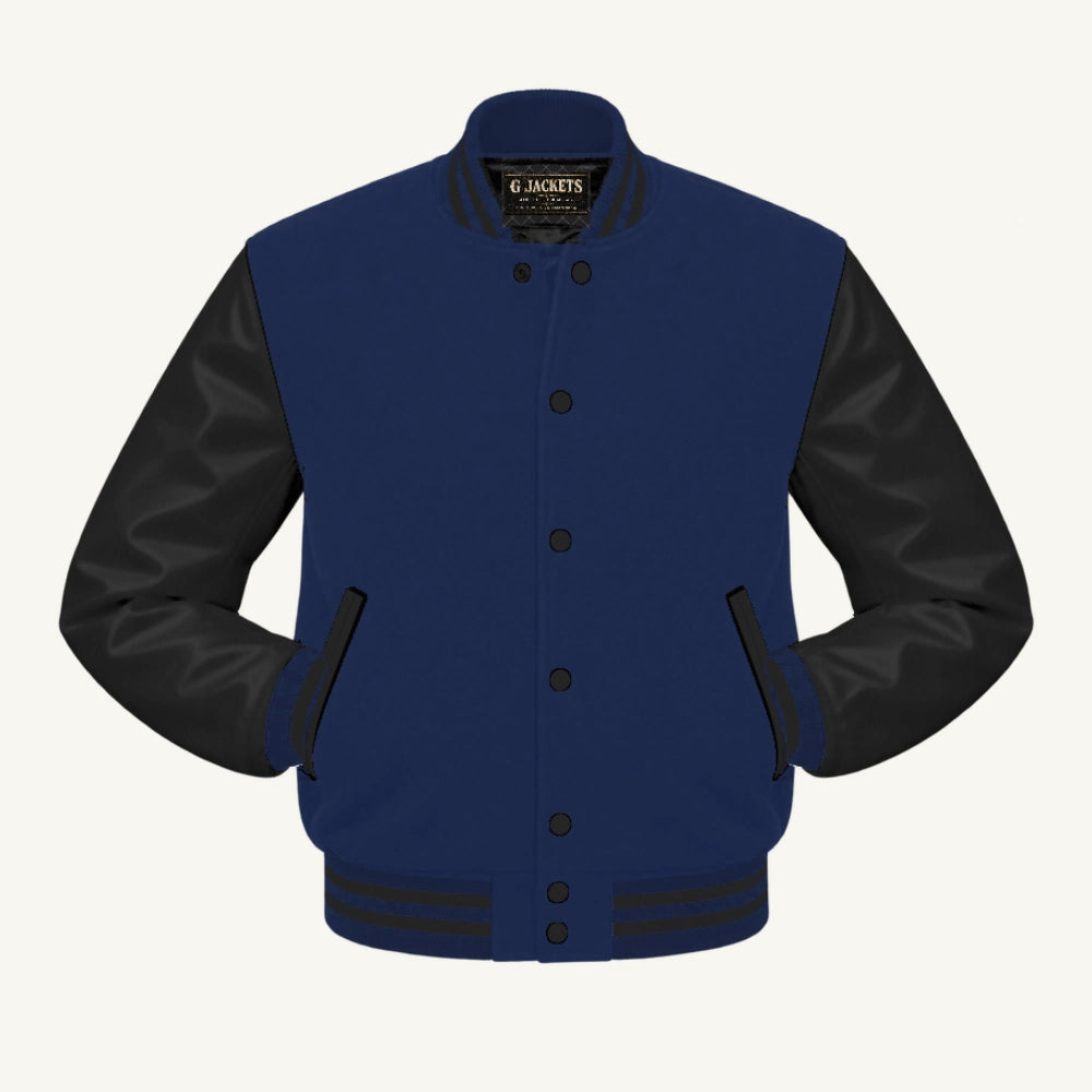 G Jackets Fleece & Genuine Leather Varsity Jacket, Navy Blue/Black, front view