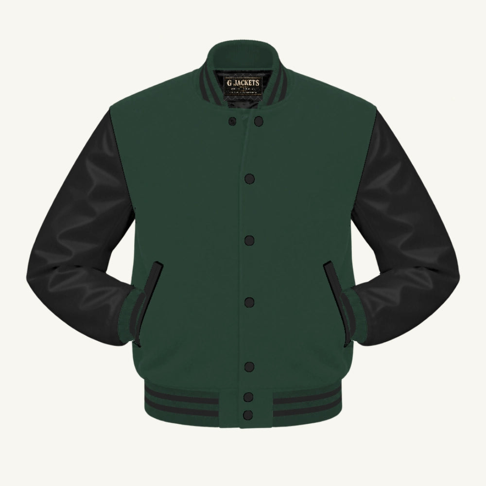 G Jackets Fleece & Genuine Leather Varsity Jacket, Forest Green/Black, front view