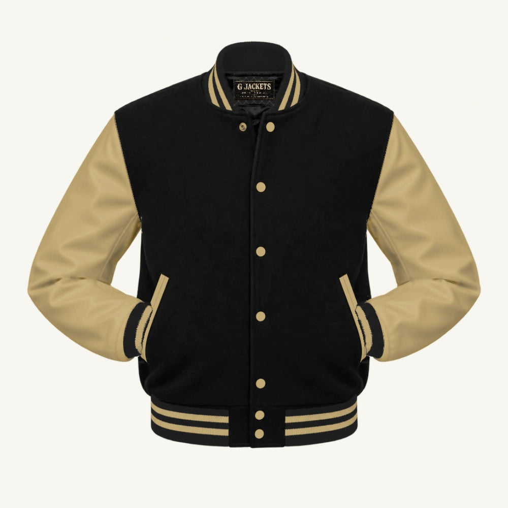 G Jackets Fleece & Genuine Leather Varsity Jacket, Black/Tan, front view