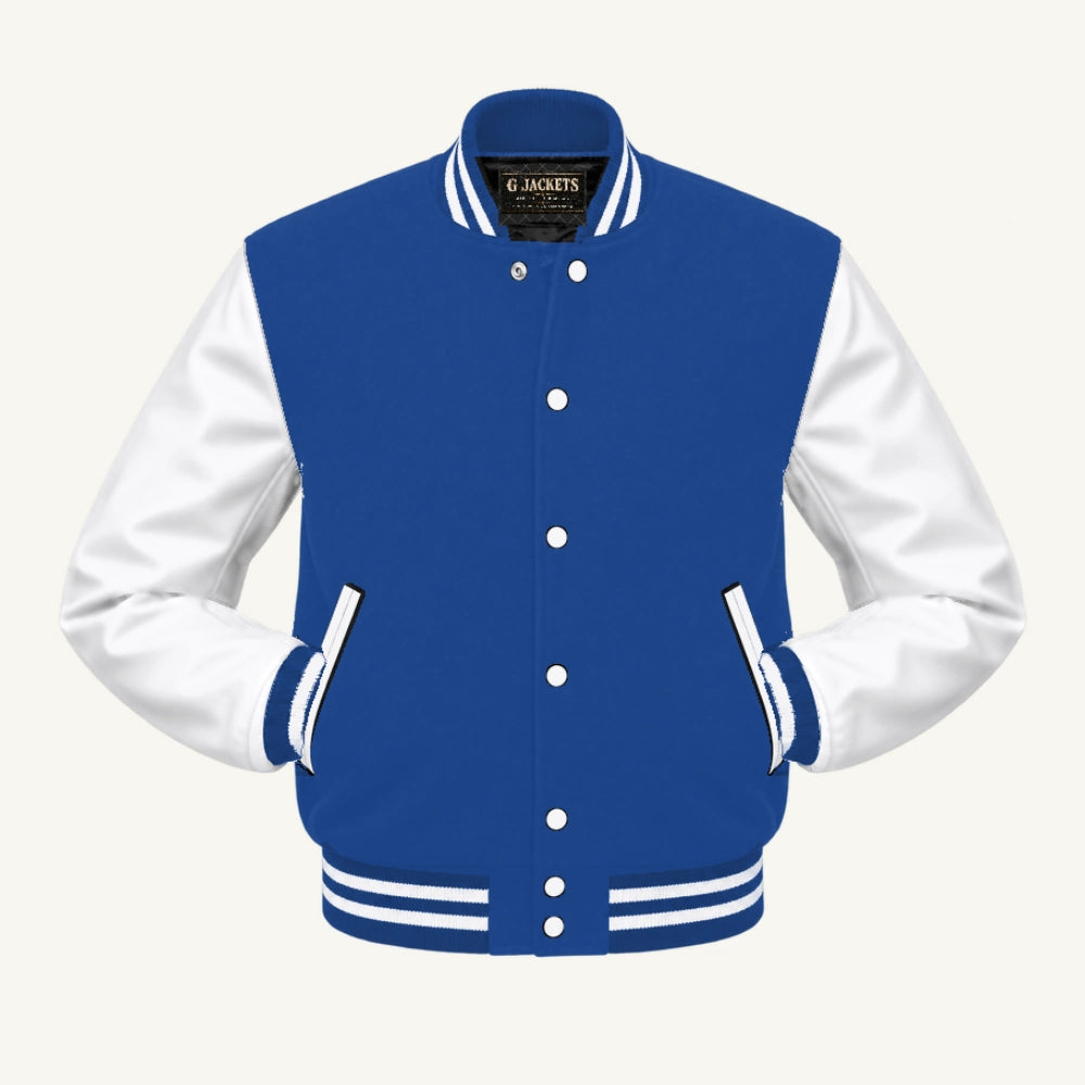 G Jackets Fleece & PU Leather Varsity Jacket, Royal Blue/White, front view