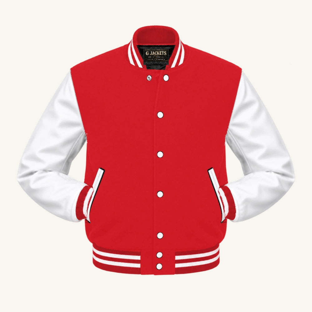 G Jackets Fleece & PU Leather Varsity Jacket, Red/White, front view