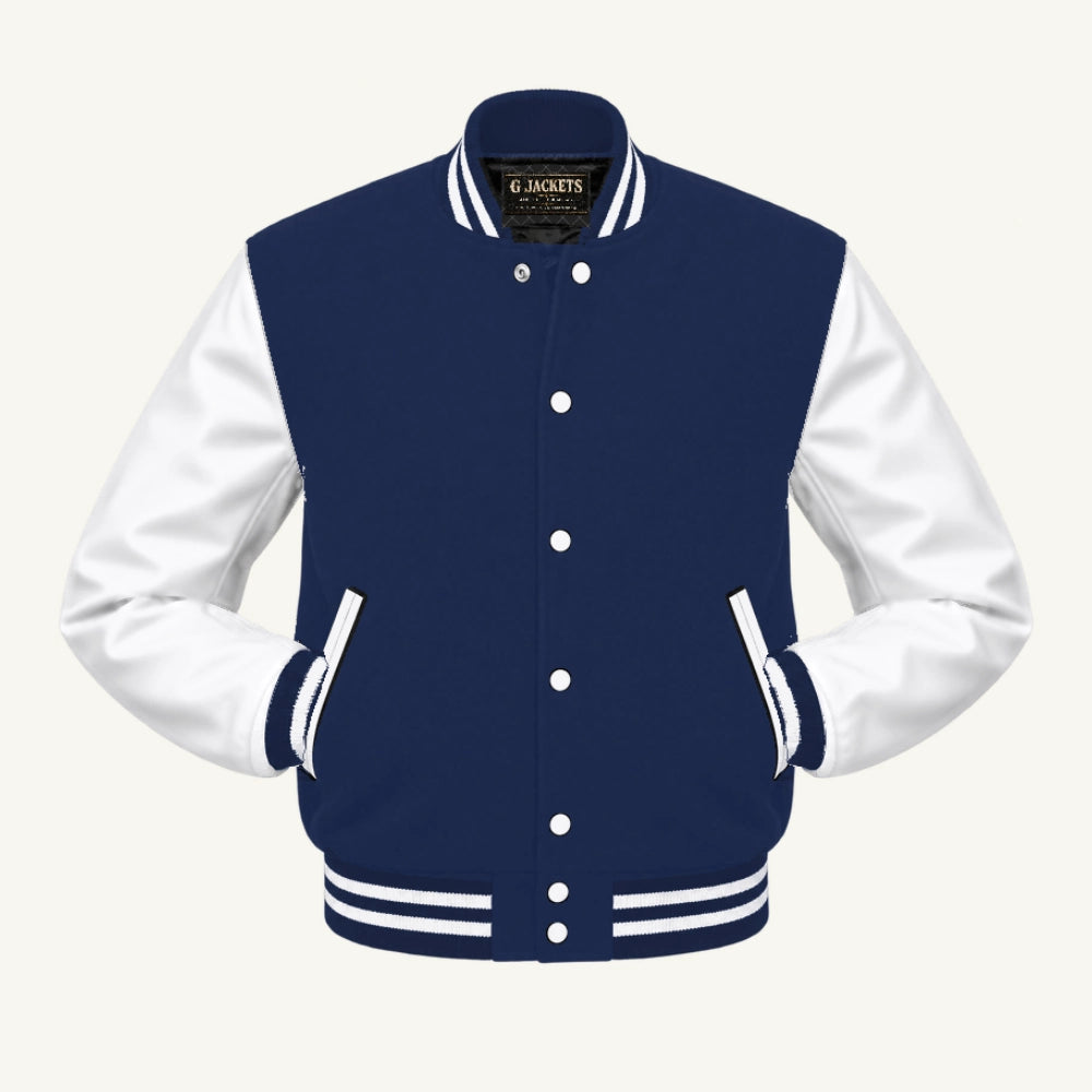 G Jackets Fleece & PU Leather Varsity Jacket, Navy Blue/White, front view