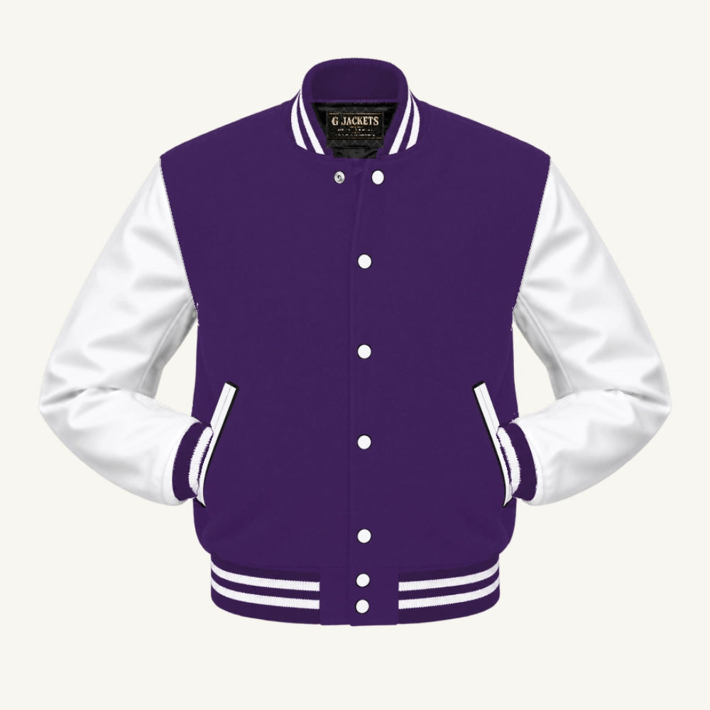 G Jackets Fleece & PU Leather Varsity Jacket, Purple/White, front view