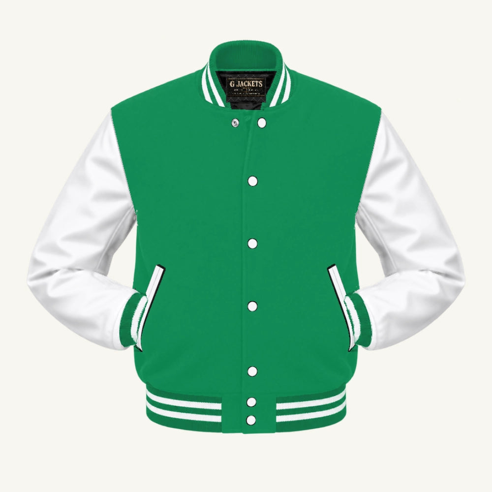 G Jackets Fleece & PU Leather Varsity Jacket, Kelly Green/White, front view