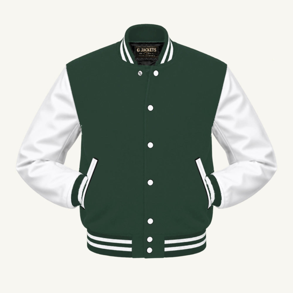 G Jackets Fleece & PU Leather Varsity Jacket, Forest Green/White, front view