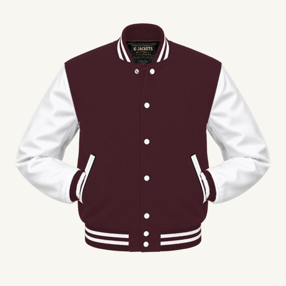 G Jackets Fleece & PU Leather Varsity Jacket, Maroon/White, front view
