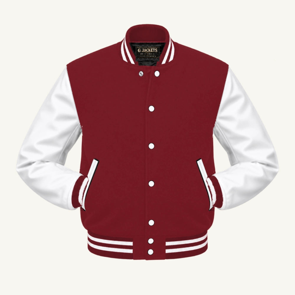 G Jackets Fleece & PU Leather Varsity Jacket, Cardinal/White, front view