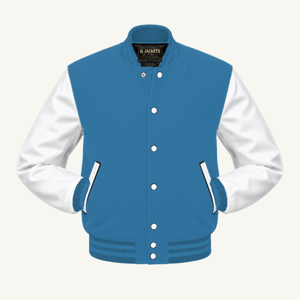 G Jackets Fleece & PU Leather Varsity Jacket, Light Blue/White - Columbia Blue Trim, front view