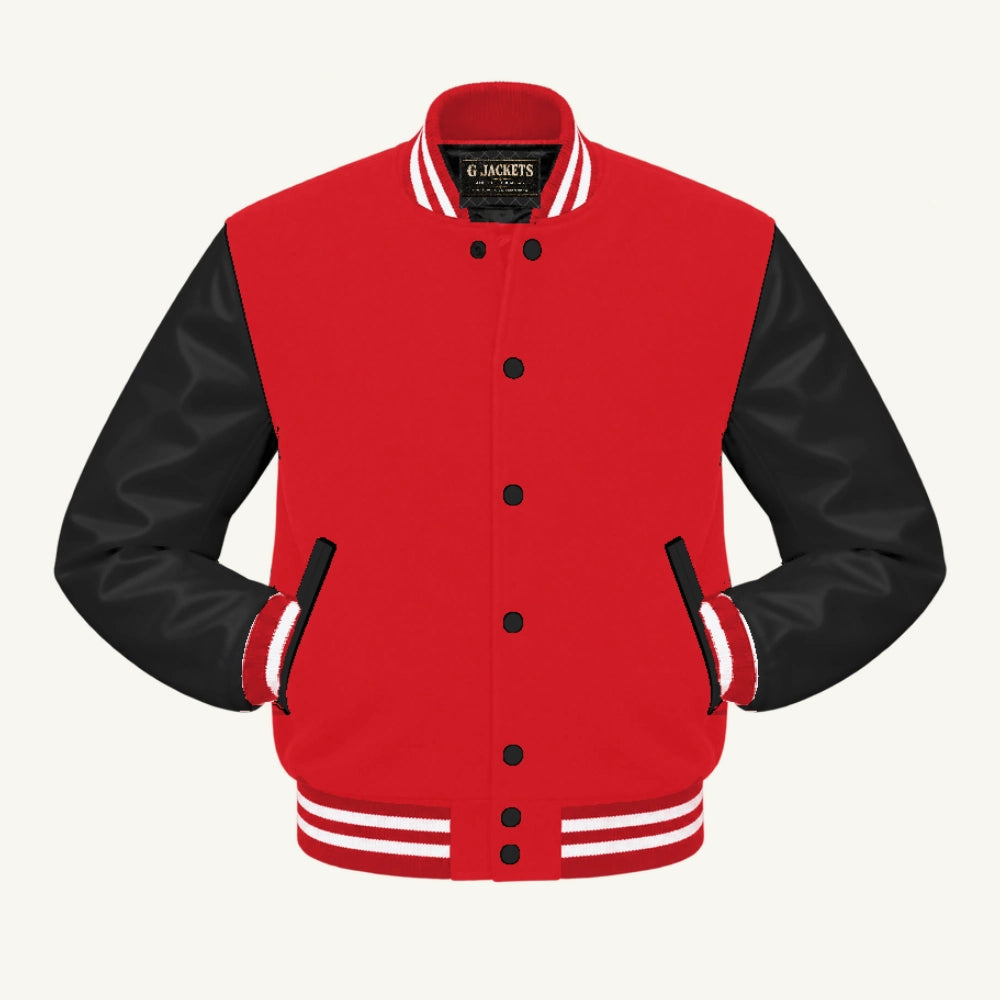 G Jackets Fleece & PU Leather Varsity Jacket, Red/Black - White Trim, front view