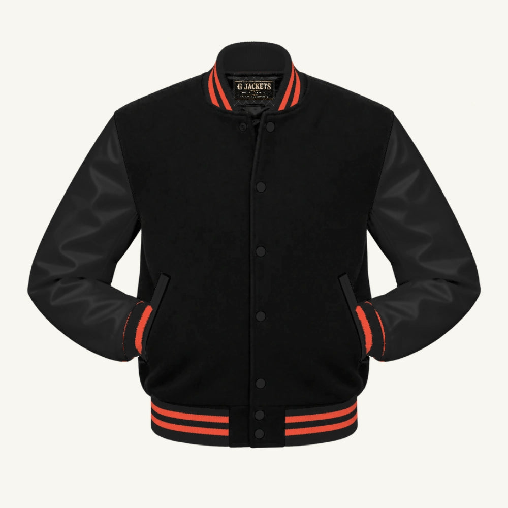 G Jackets Fleece & PU Leather Varsity Jacket, Black/Black - Orange Trim, front view
