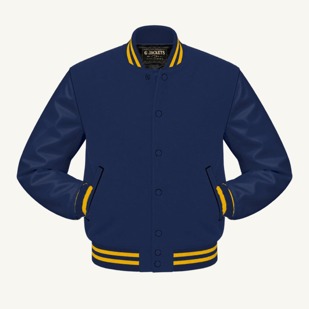 G Jackets Fleece & PU Leather Varsity Jacket, Navy Blue/Navy Blue - Gold Trim, front view