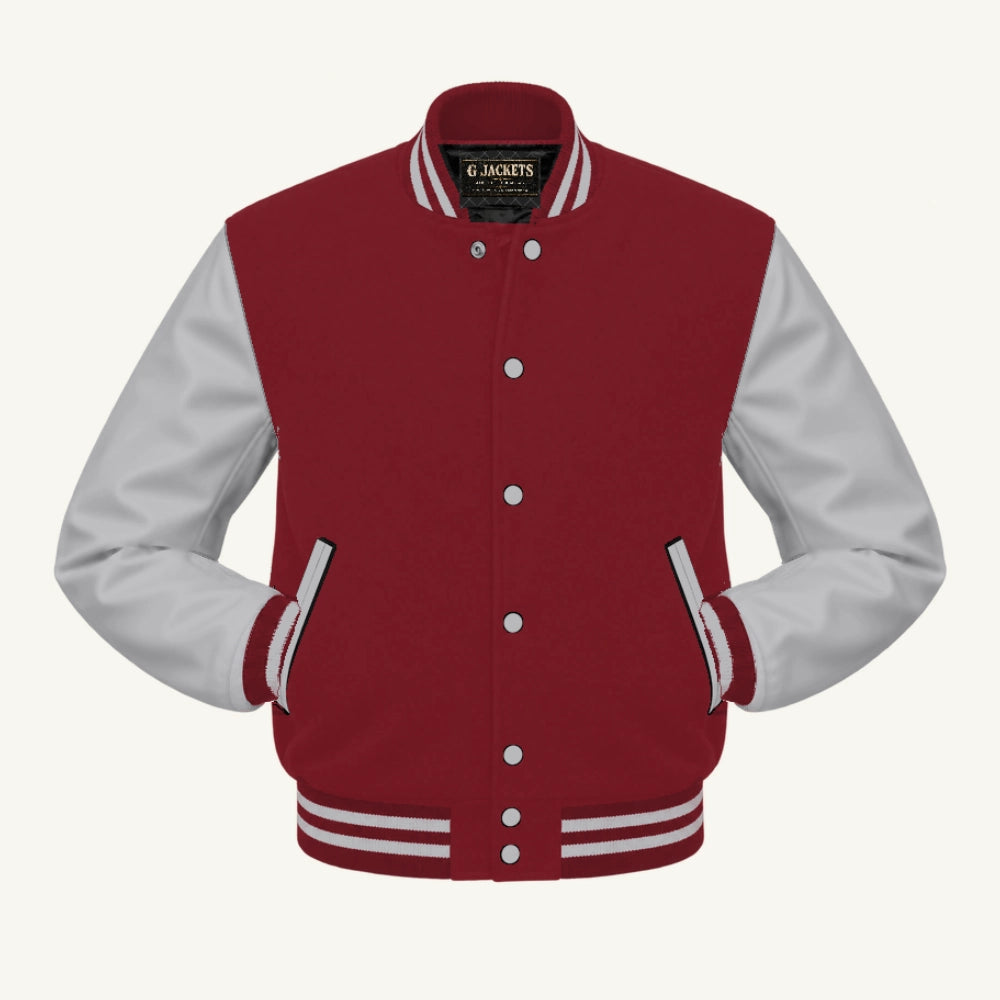 G Jackets Fleece & PU Leather Varsity Jacket, Cardinal/Grey, front view